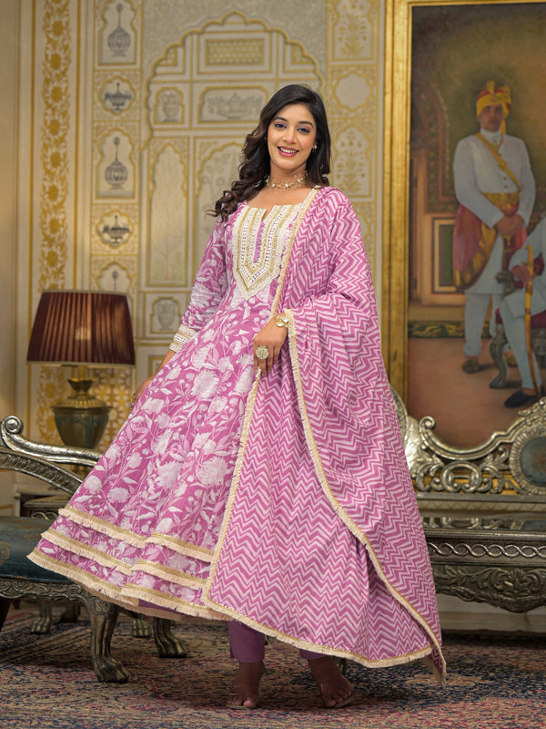 Pink Cotton Printed Kurta Set For Women