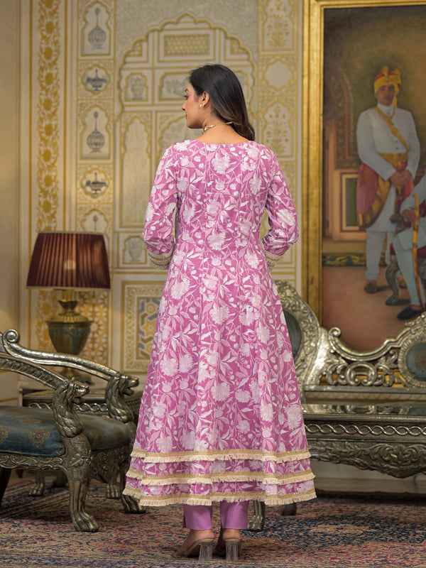 Pink Cotton Printed Kurta Set For Women