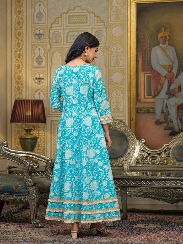 Turquoise Blue Cotton Kurta Set For Women
