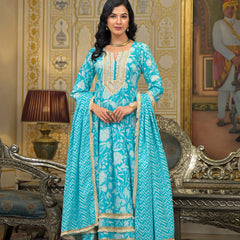 Turquoise Blue Cotton Kurta Set For Women