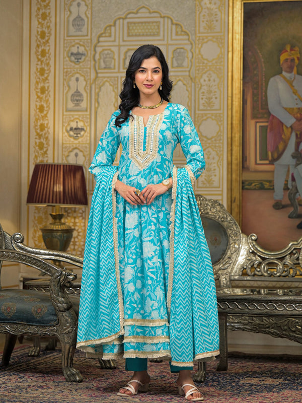 Turquoise Blue Cotton Kurta Set For Women