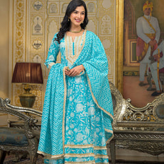 Turquoise Blue Cotton Kurta Set For Women