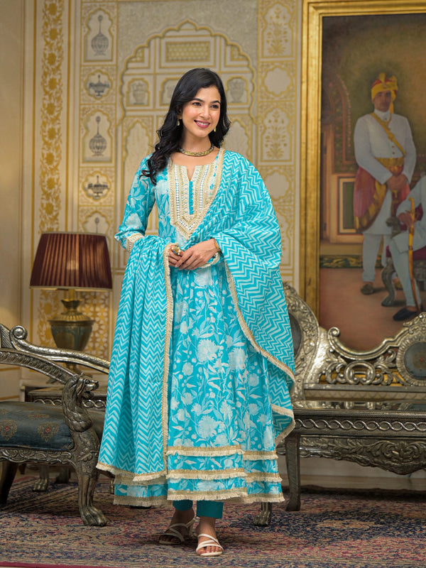 Turquoise Blue Cotton Kurta Set For Women