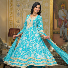 Turquoise Blue Cotton Kurta Set For Women