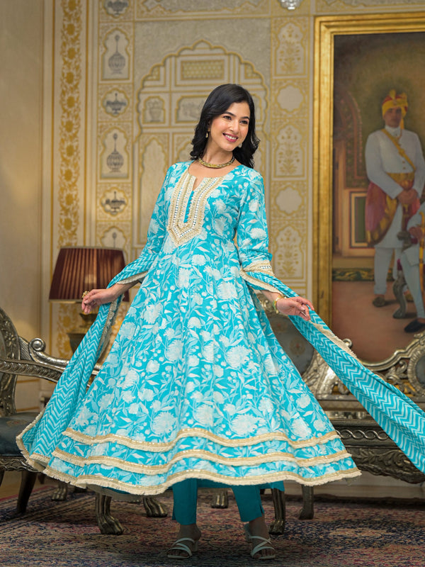 Turquoise Blue Cotton Kurta Set For Women