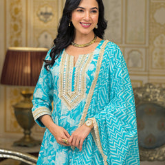 Turquoise Blue Cotton Kurta Set For Women