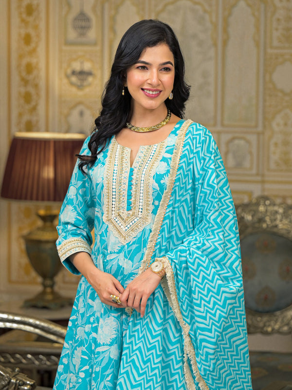 Turquoise Blue Cotton Kurta Set For Women