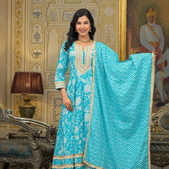 Turquoise Blue Cotton Kurta Set For Women