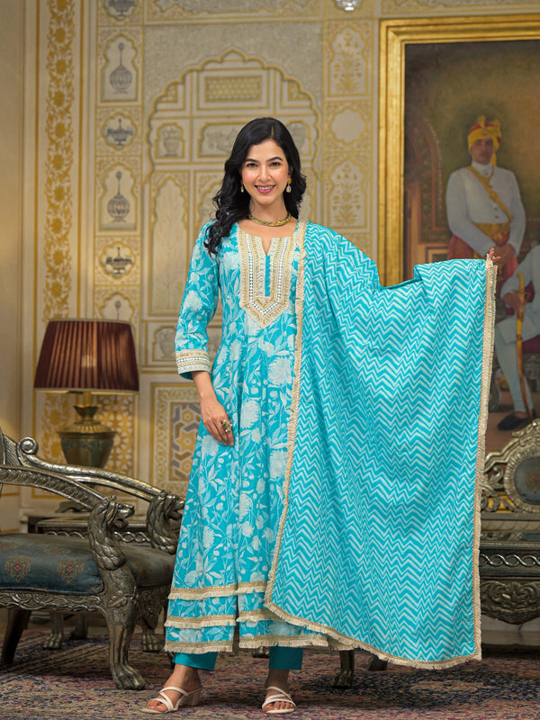 Turquoise Blue Cotton Kurta Set For Women
