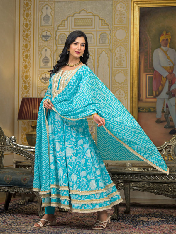 Turquoise Blue Cotton Kurta Set For Women