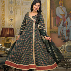 Green Cotton Printed Kurta Set For Women