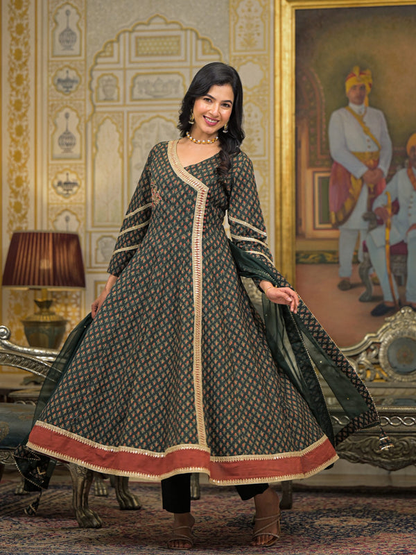 Green Cotton Printed Kurta Set For Women