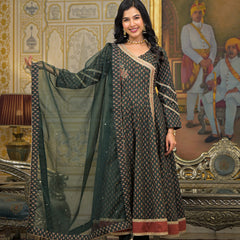 Green Cotton Printed Kurta Set For Women