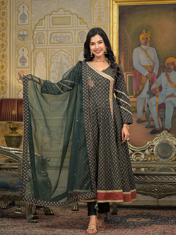 Green Cotton Printed Kurta Set For Women
