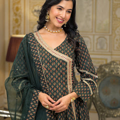 Green Cotton Printed Kurta Set For Women