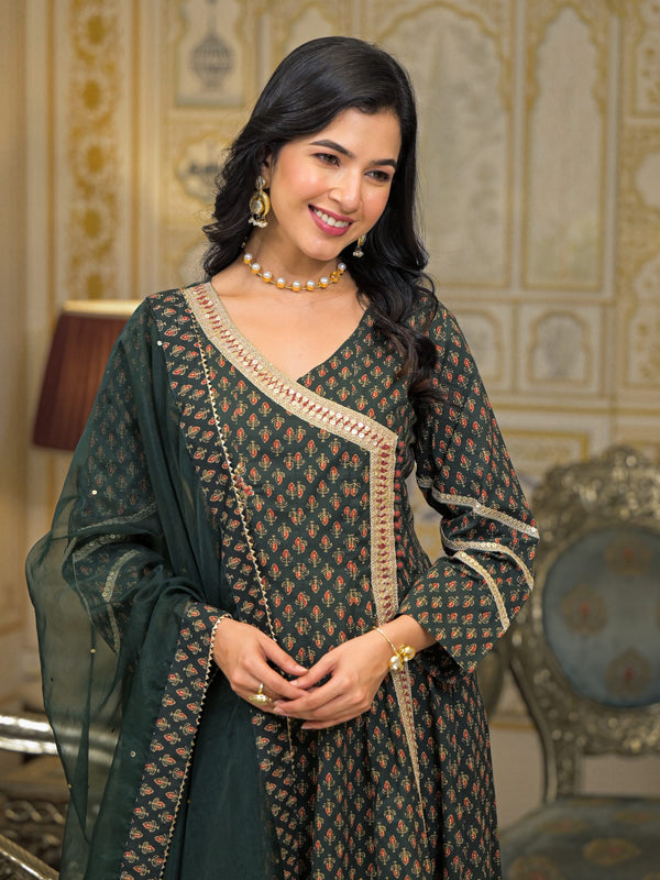 Green Cotton Printed Kurta Set For Women