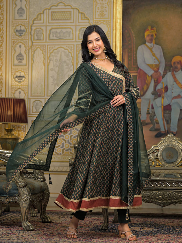Green Cotton Printed Kurta Set For Women
