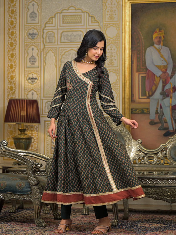Green Cotton Printed Kurta Set For Women