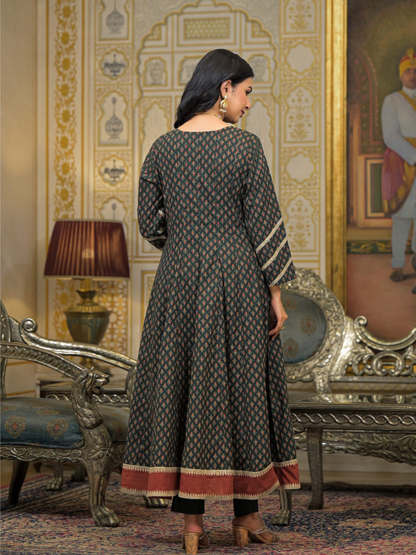 Green Cotton Printed Kurta Set For Women