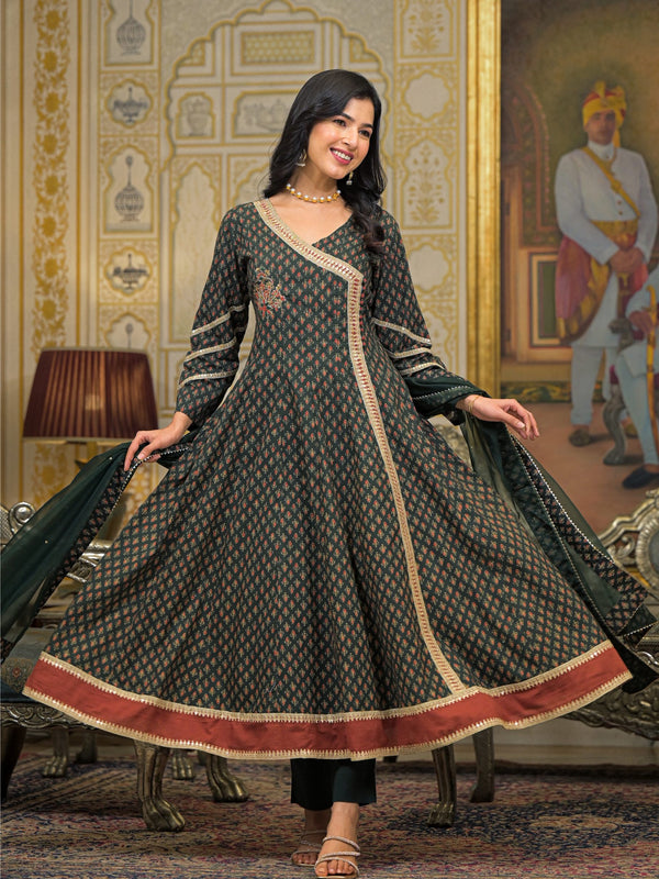 Green Cotton Printed Kurta Set For Women