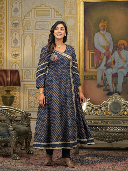 Navy Blue Cotton Premium And Elegant Kurta Sets For Women