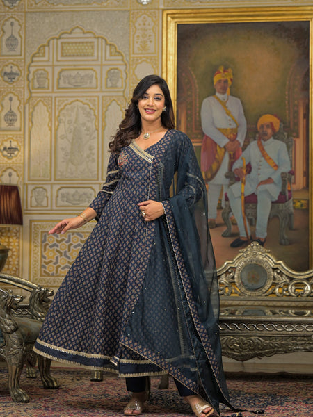 Navy Blue Cotton Premium And Elegant Kurta Sets For Women