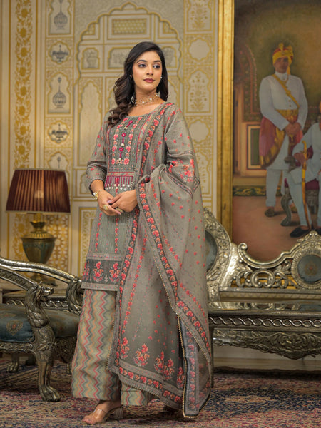 Beige Chanderi Printed Kurta Set For Women