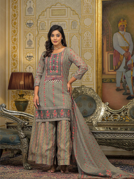 Beige Chanderi Printed Kurta Set For Women