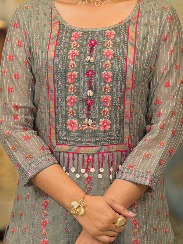 Beige Chanderi Printed Kurta Set For Women