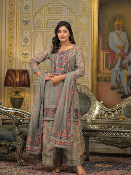 Beige Chanderi Printed Kurta Set For Women