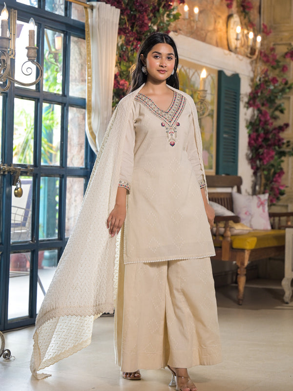 Off White Cotton Elegant Kurta Set For Women