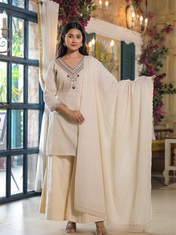 Off White Cotton Elegant Kurta Set For Women
