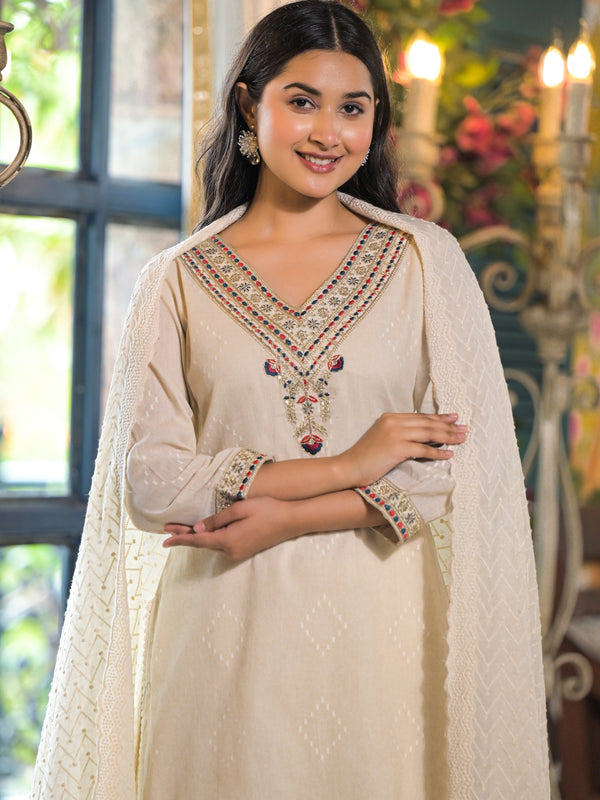 Off White Cotton Elegant Kurta Set For Women