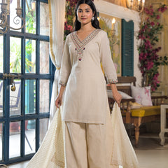 Off White Cotton Elegant Kurta Set For Women