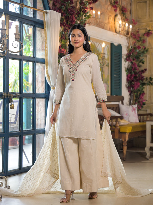 Off White Cotton Elegant Kurta Set For Women