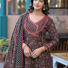 Black Cotton Printed Kurta Set For Women