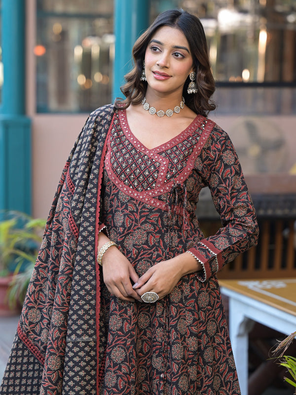 Black Cotton Printed Kurta Set For Women
