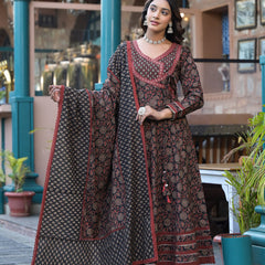 Black Cotton Printed Kurta Set For Women