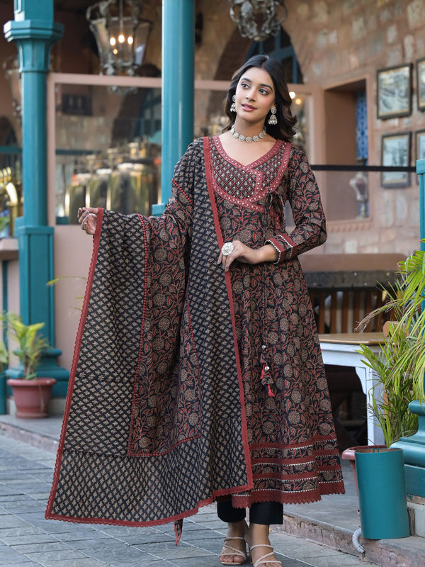Black Cotton Printed Kurta Set For Women