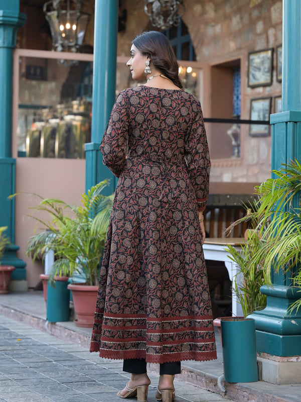 Black Cotton Printed Kurta Set For Women