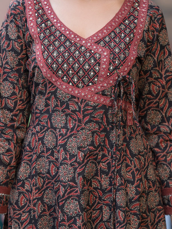 Black Cotton Printed Kurta Set For Women