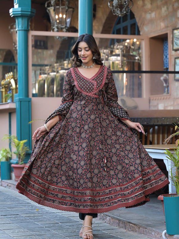 Black Cotton Printed Kurta Set For Women