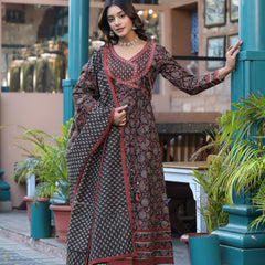 Black Cotton Printed Kurta Set For Women