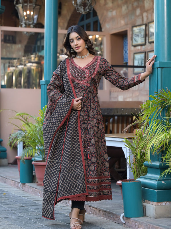Black Cotton Printed Kurta Set For Women