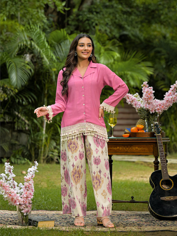 Pink Crape Premium And Elegant Co-Ord Set For Women