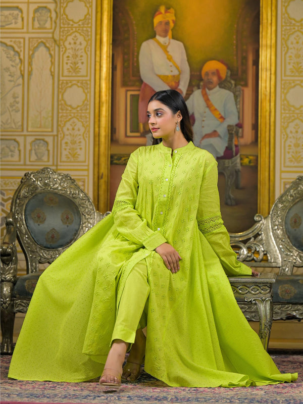 Lime Green Cotton Premium And Elegant Kurta Sets For Women