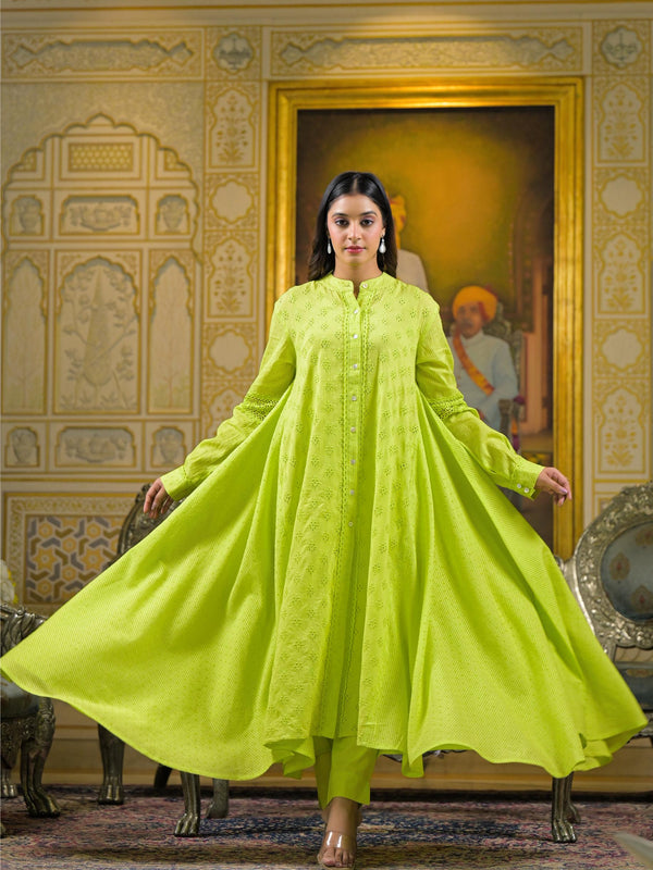 Lime Green Cotton Premium And Elegant Kurta Sets For Women