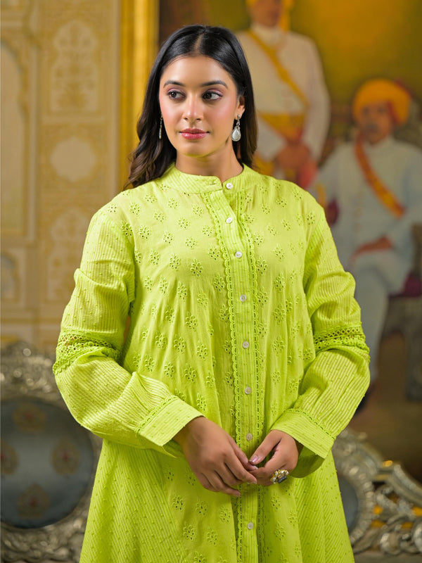 Lime Green Cotton Premium And Elegant Kurta Sets For Women