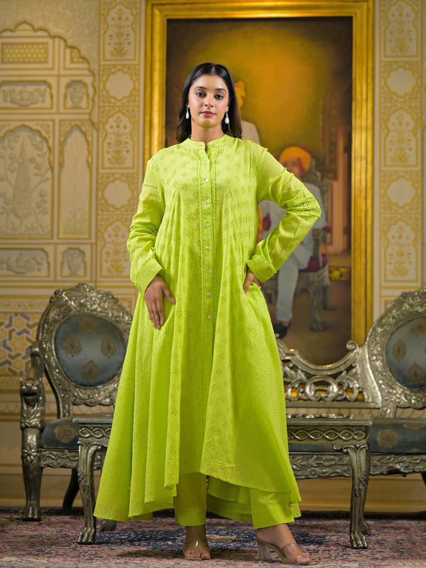 Lime Green Cotton Premium And Elegant Kurta Sets For Women