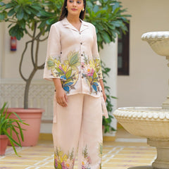 Cream Floral Printed Crepe Co-Ord Set For Women